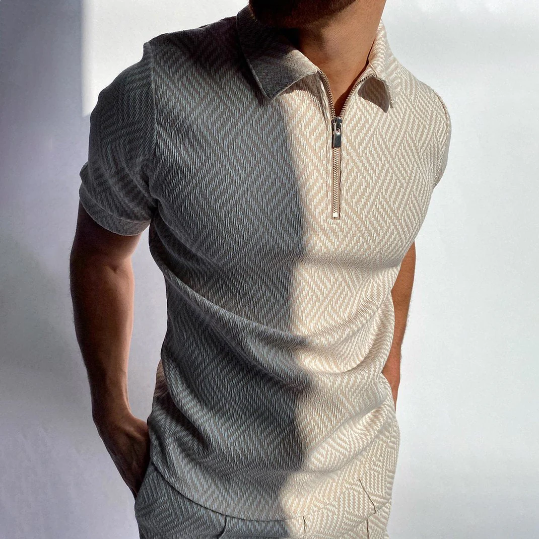Herringbone Jacquard Zip-up Polo Shirt - Image 4