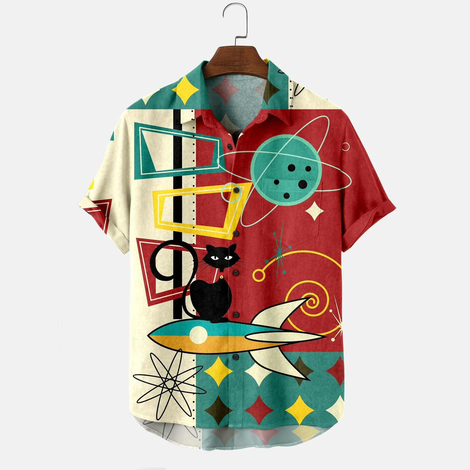 Men's Cosmic Cat Print Casual Shirt - Image 2