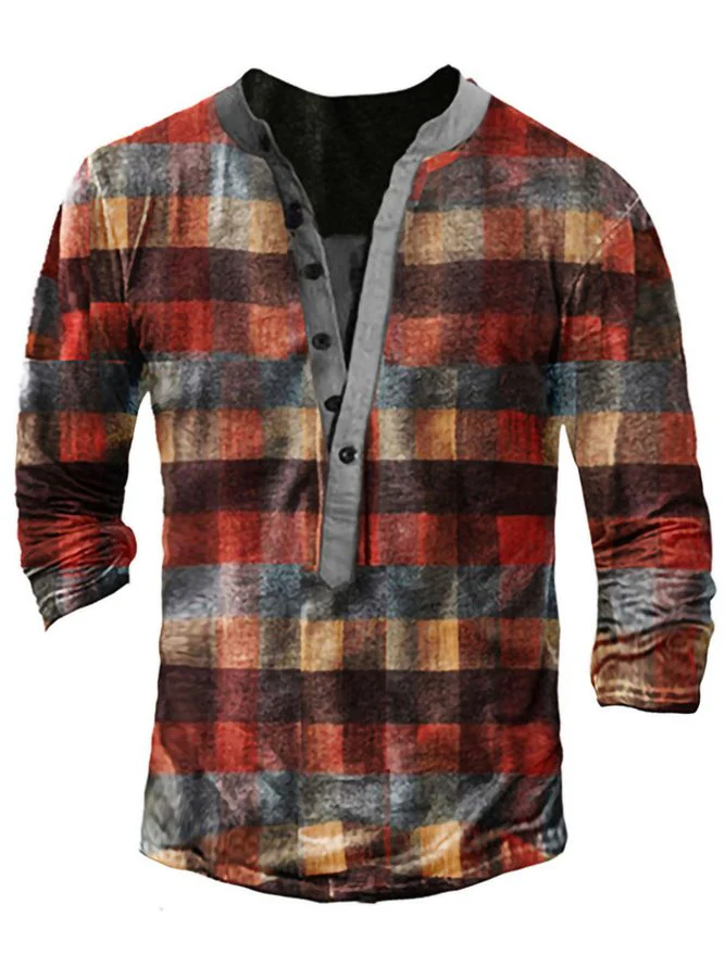 Men's Plaid Half Cardigan Long Sleeve T-Shirt - Image 3