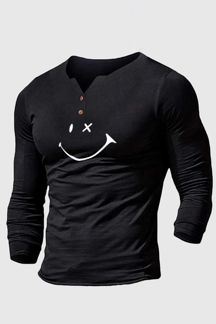 Henley Collar Solid Color Smiley Long Sleeve T-Shirt - Image 2