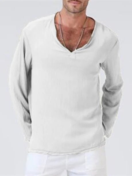 Linen ethnic style loose men's V-neck solid color long-sleeved t-shirt - Image 6