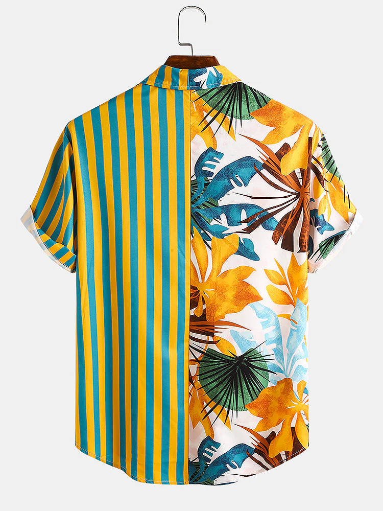 Men Plant & Leaf Striped Patchwork Casual Holiday Curved Hem Shirt - Image 2