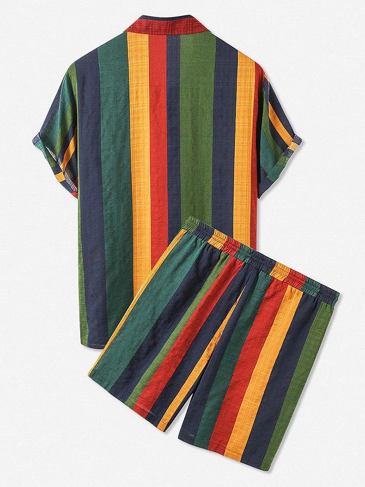 Men Thin & Breathable Cotton Outfits Sets Colorful Stripe Holiday Short Sleeve Two Pieces - Image 2
