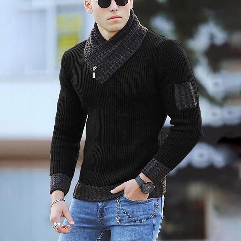 Men Two-tone Patch Collar Scarf Sweater - Image 4