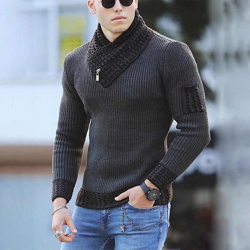 Men Two-tone Patch Collar Scarf Sweater - Image 9