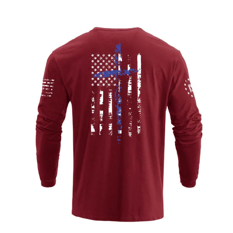 Men's 100% Cotton American Flag Cross Overlay Long Sleeve T-Shirts - Image 17