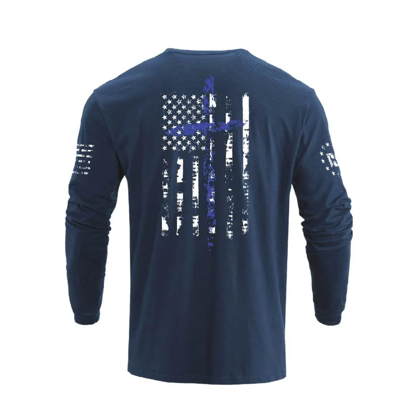 Men's 100% Cotton American Flag Cross Overlay Long Sleeve T-Shirts - Image 21