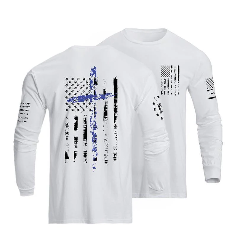 Men's 100% Cotton American Flag Cross Overlay Long Sleeve T-Shirts - Image 5