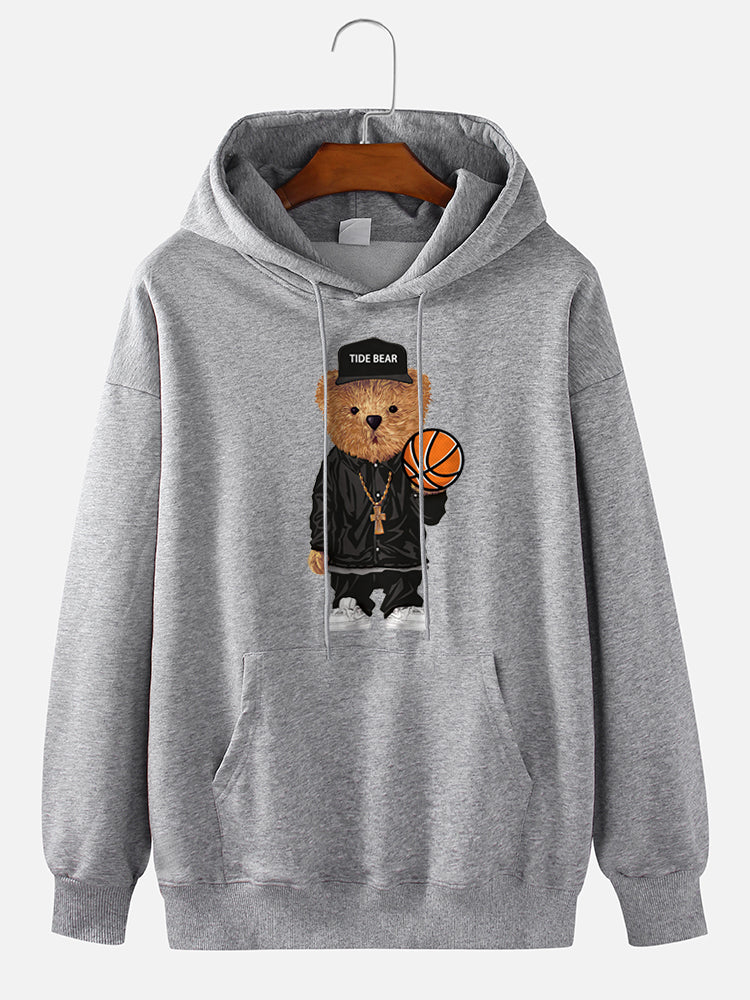 Mens 100% Cotton Cartoon Bear Print Kangaroo Pocket Hoodies - Image 4