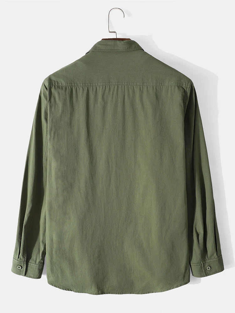 Mens 100% Cotton Double Flap Pocket Solid Casual Long Sleeve Shirts - Image 2