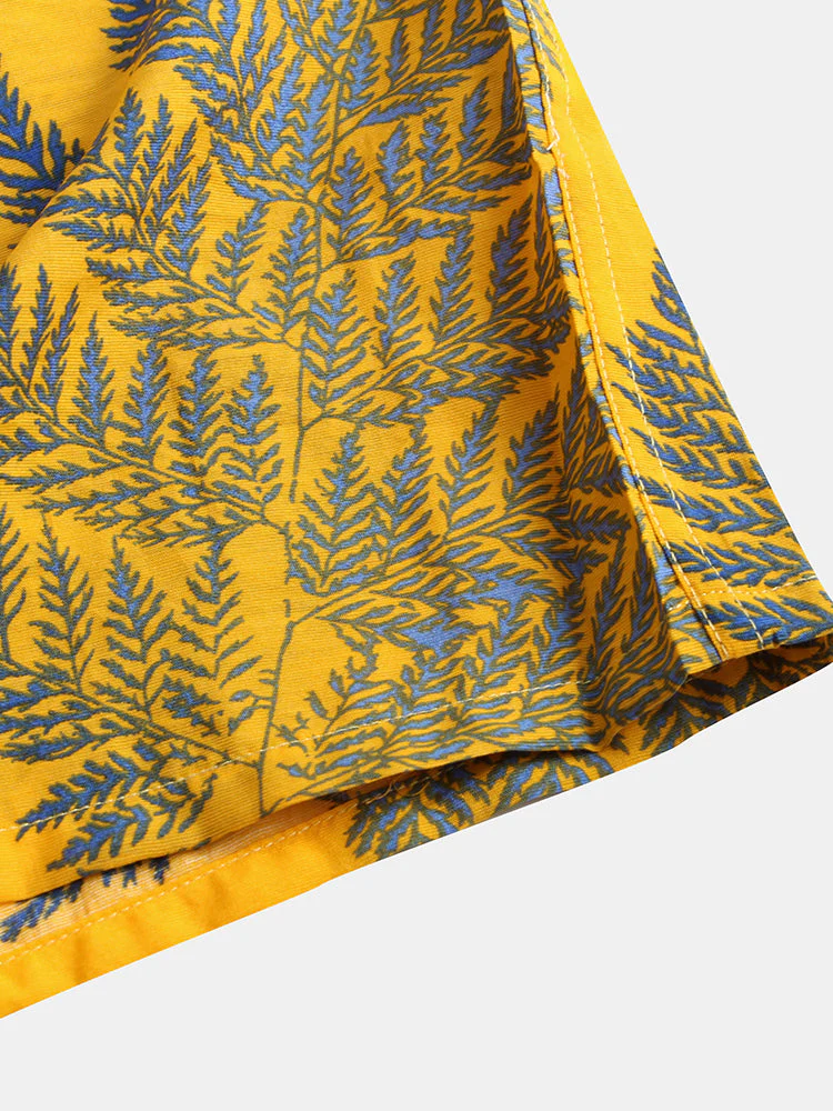 Mens 100% Cotton Leaf Printed Chest Pocket Turn Down Collar Short Sleeve  Shirts - Image 4