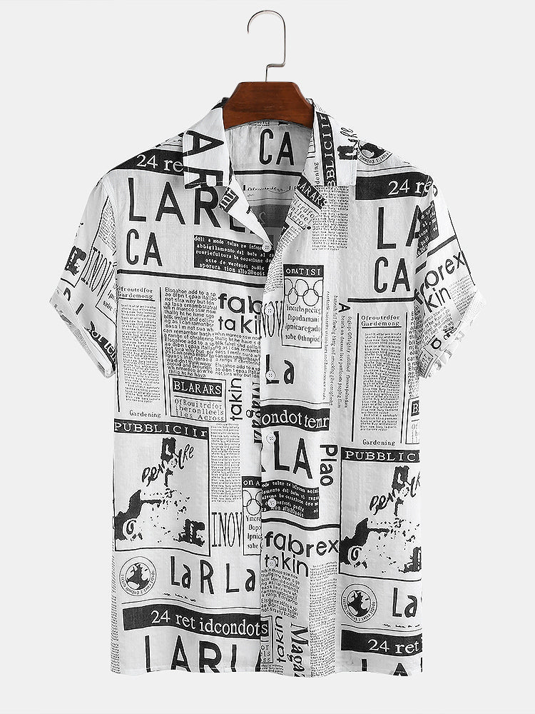 Mens 65% Cotton Fun Newspaper Print Casual Holiday Short Sleeve Shirt - Image 4