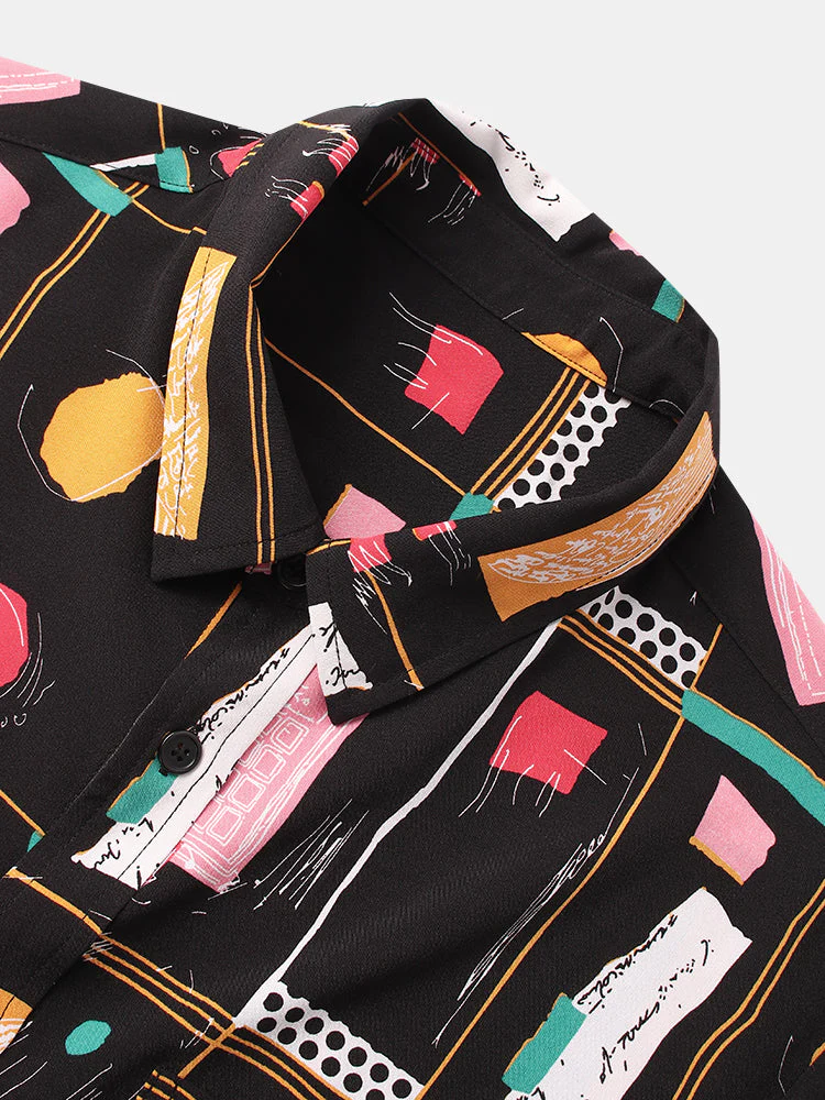 Mens All Over Graffiti Print Street Short Sleeve Shirts - Image 4