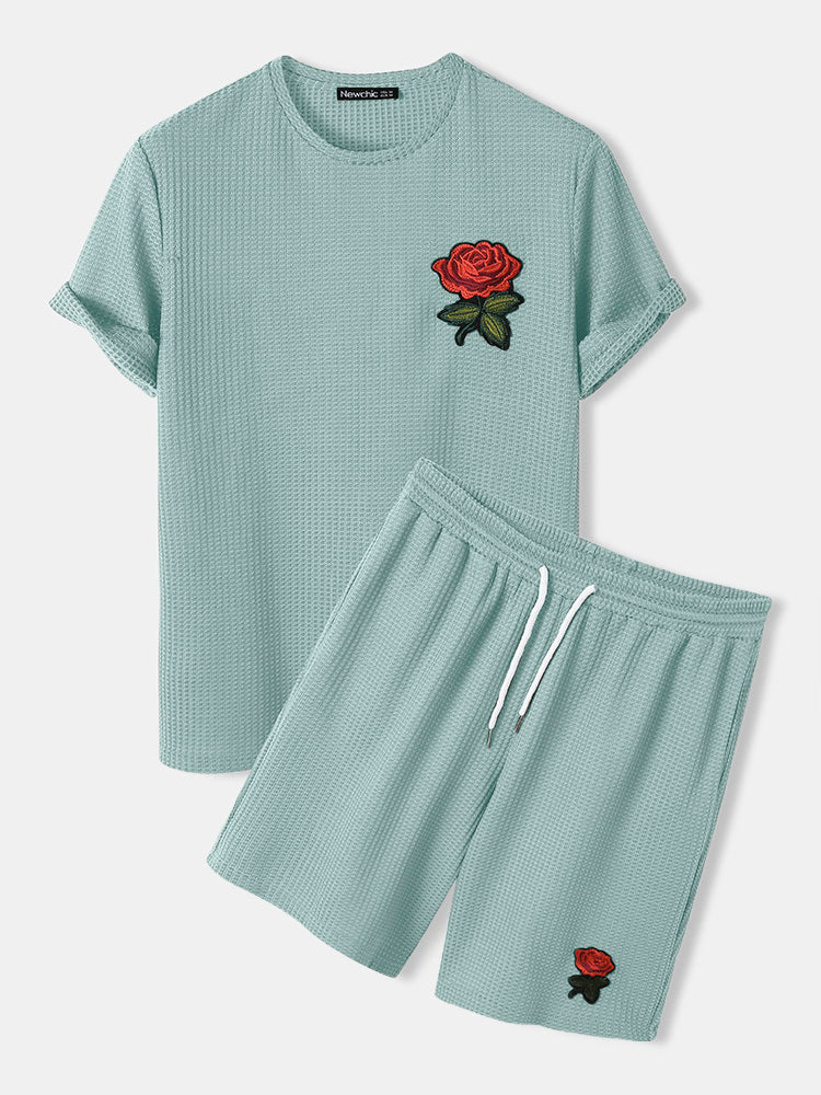 Mens Basic Knitted Rose Embroidery Patch Short Sleeve Casual Two Piece Outfits Cozy Loungewear - Image 5