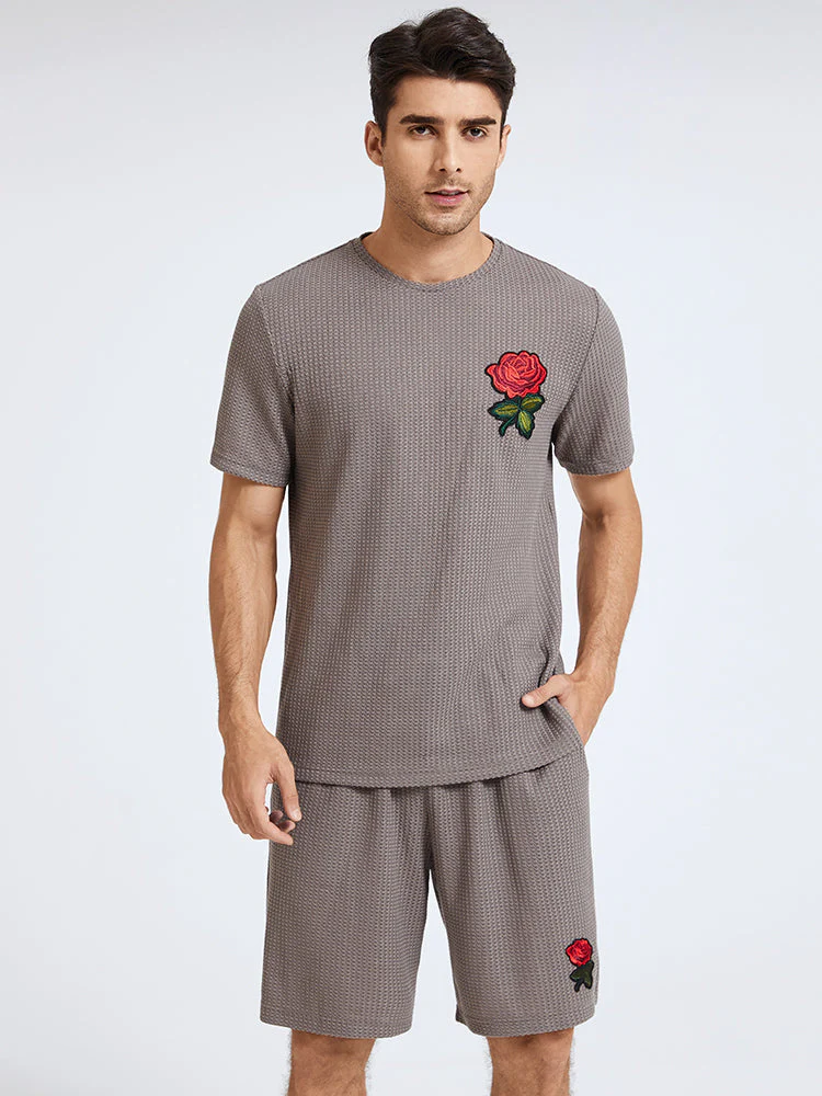 Mens Basic Knitted Rose Embroidery Patch Short Sleeve Casual Two Piece Outfits Cozy Loungewear - Image 6