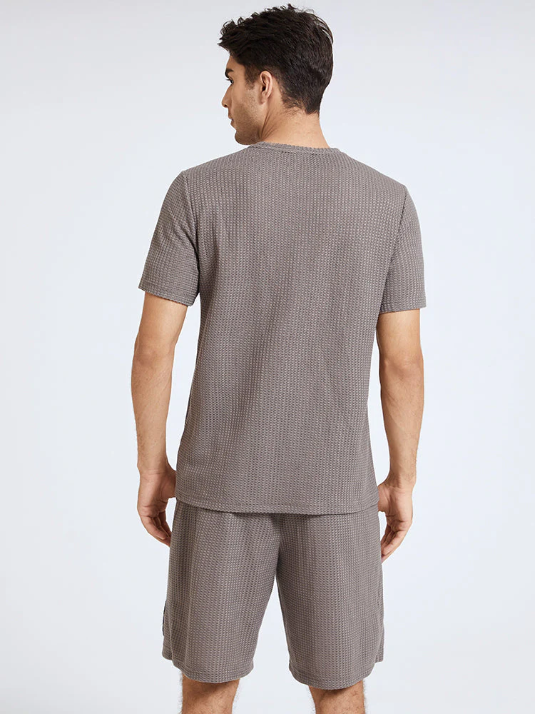 Mens Basic Knitted Rose Embroidery Patch Short Sleeve Casual Two Piece Outfits Cozy Loungewear - Image 8
