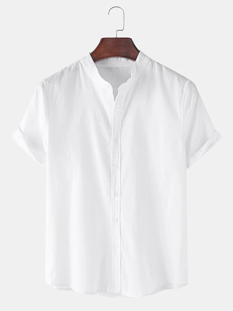 Mens Breathable Flax Stand Collar Solid Color Short Sleeve Shirt SKUF04403