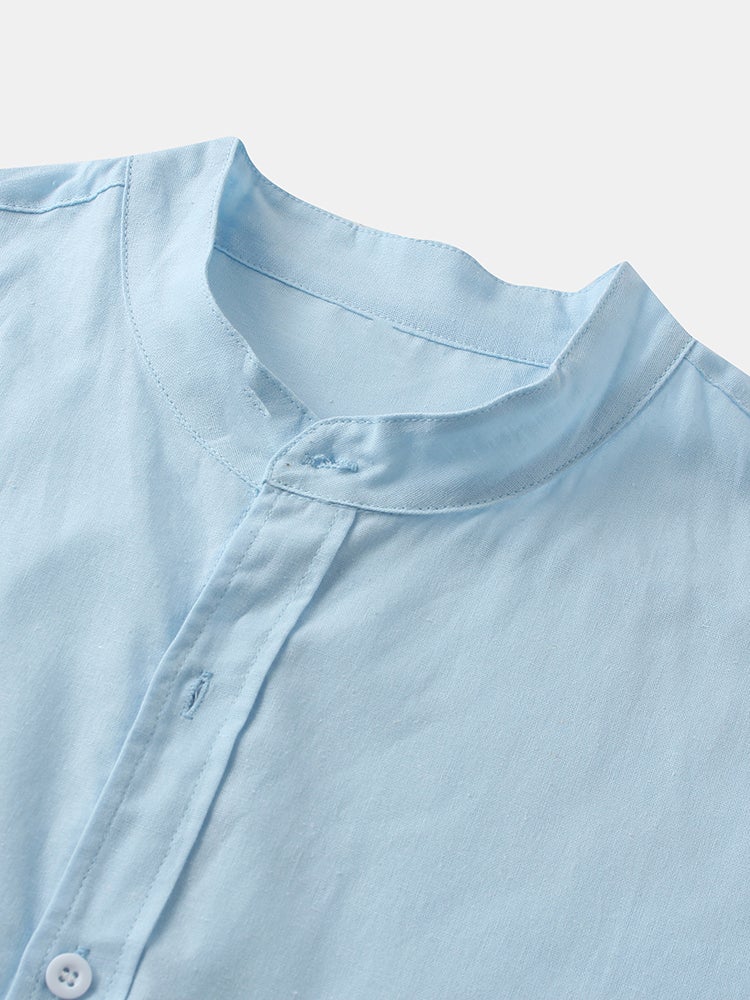 Mens Breathable Flax Stand Collar Solid Color Short Sleeve Shirt SKUF04403 - Image 5