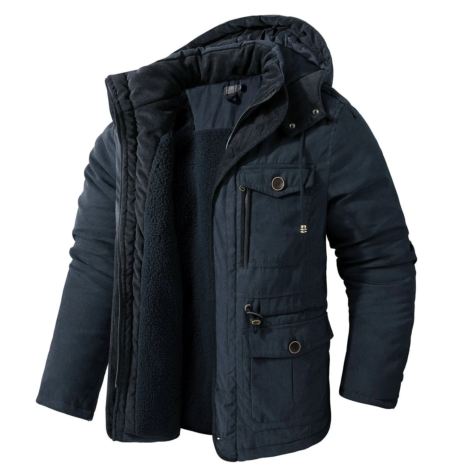 Mens Cashmere Hooded Thickened Multi Pocket Coat Padded Jacket - Image 10