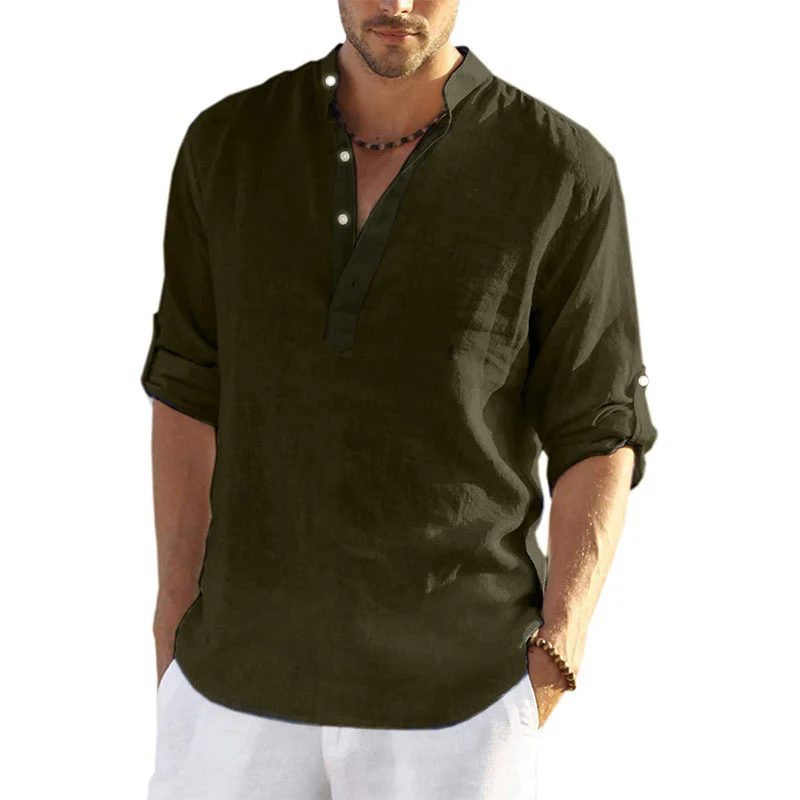 Men's casual cotton and linen solid long-sleeved shirt - Image 4