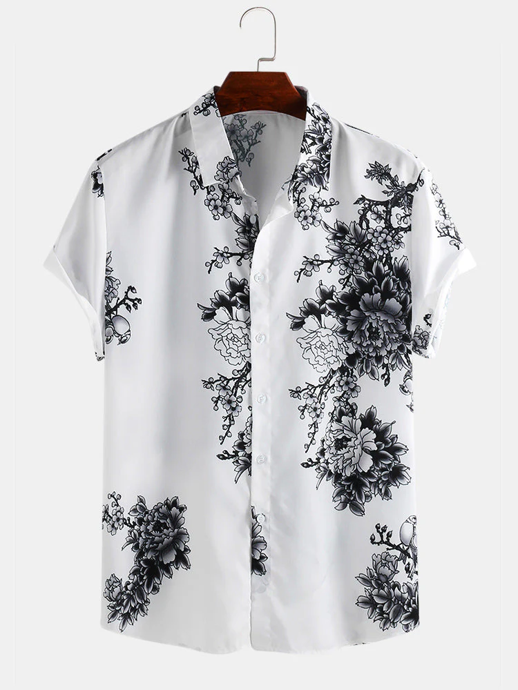 Mens Chinese Style Porcelain Floral Printed Short Sleeve Turn Down Collar Casual Shirt - Image 10