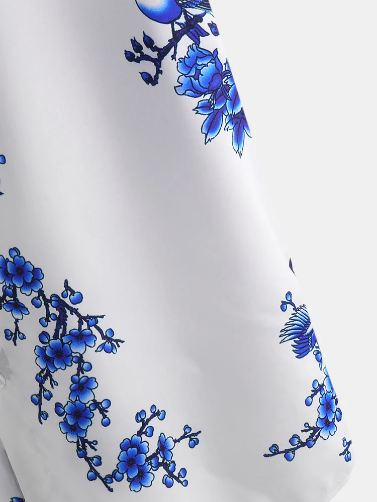 Mens Chinese Style Porcelain Floral Printed Short Sleeve Turn Down Collar Casual Shirt - Image 4