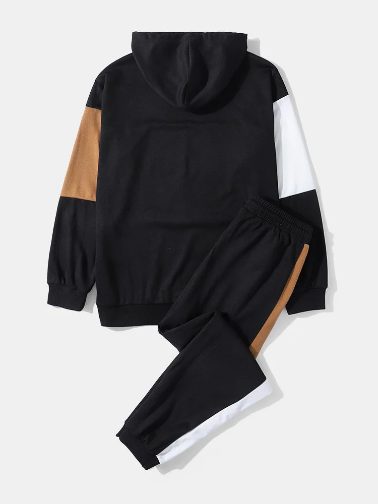 Mens Color Block Stitching Hoodie Long Preppy Two Pieces Outfits - Image 2