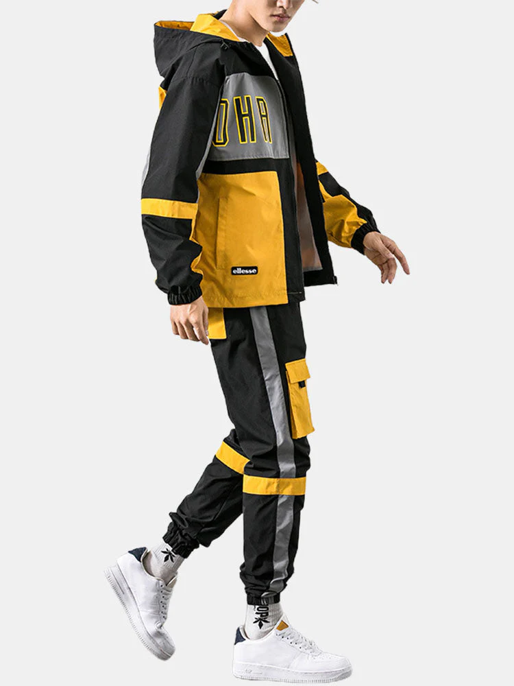 Mens Colorblock Patchwork Letter Print Street Hooded Jacket Two Pieces Outfits - Image 6