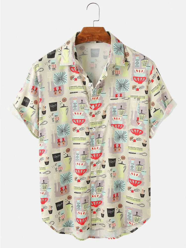 Mens Colorful Element Mushroom Pattern Print Loose Light Short Sleeve Shirts - Image 3