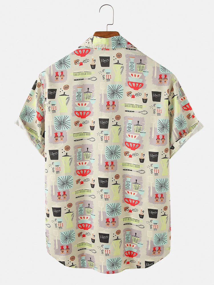Mens Colorful Element Mushroom Pattern Print Loose Light Short Sleeve Shirts - Image 4