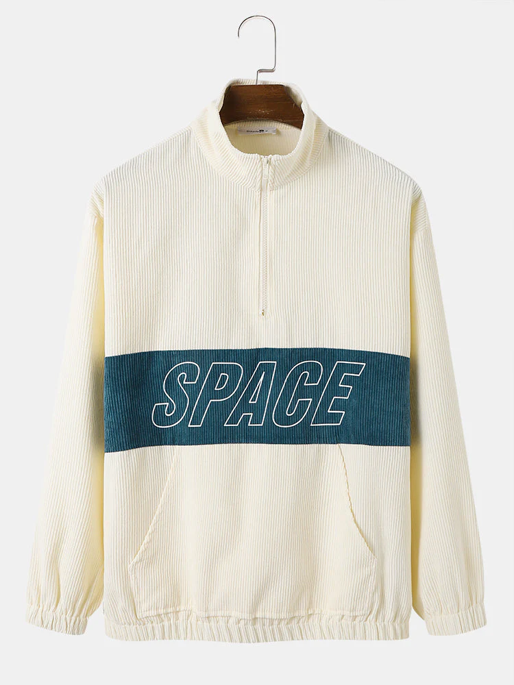Mens Contrast Letter Print Half Zip Sweatshirt Corduroy Pullover Two Pieces Outfits - Image 3