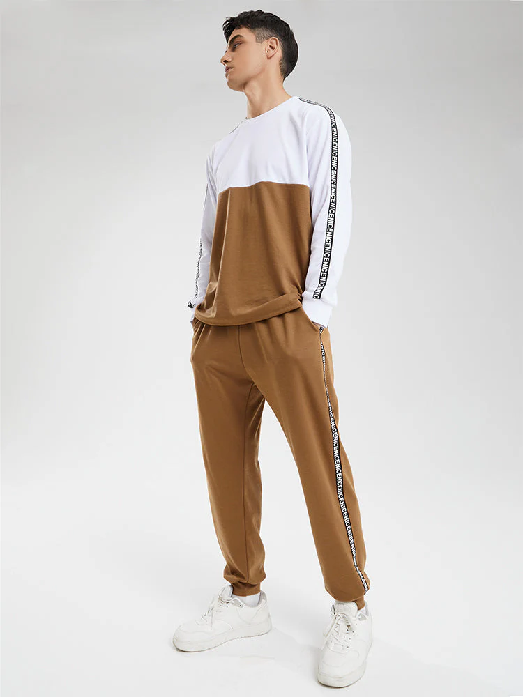 Mens Contrast Patchwork Side Letter Ribbon Sweatshirt Two Pieces Outfits - Image 4