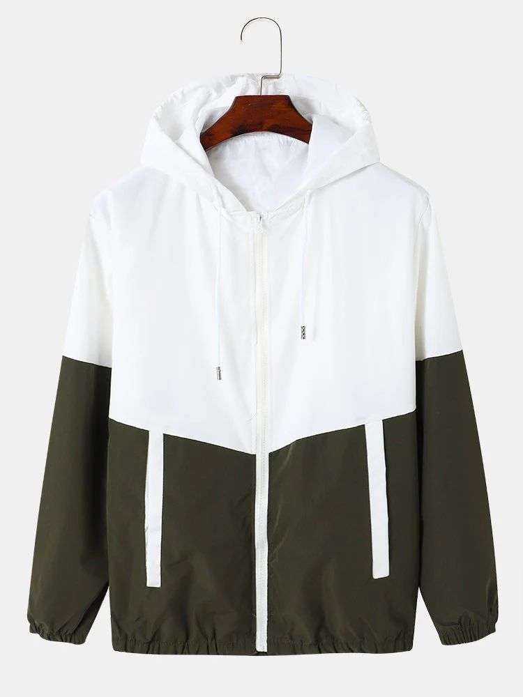 Mens Contrast Patchwork Zip Hooded Jacket Casual Sports Two Pieces Outfits - Image 8