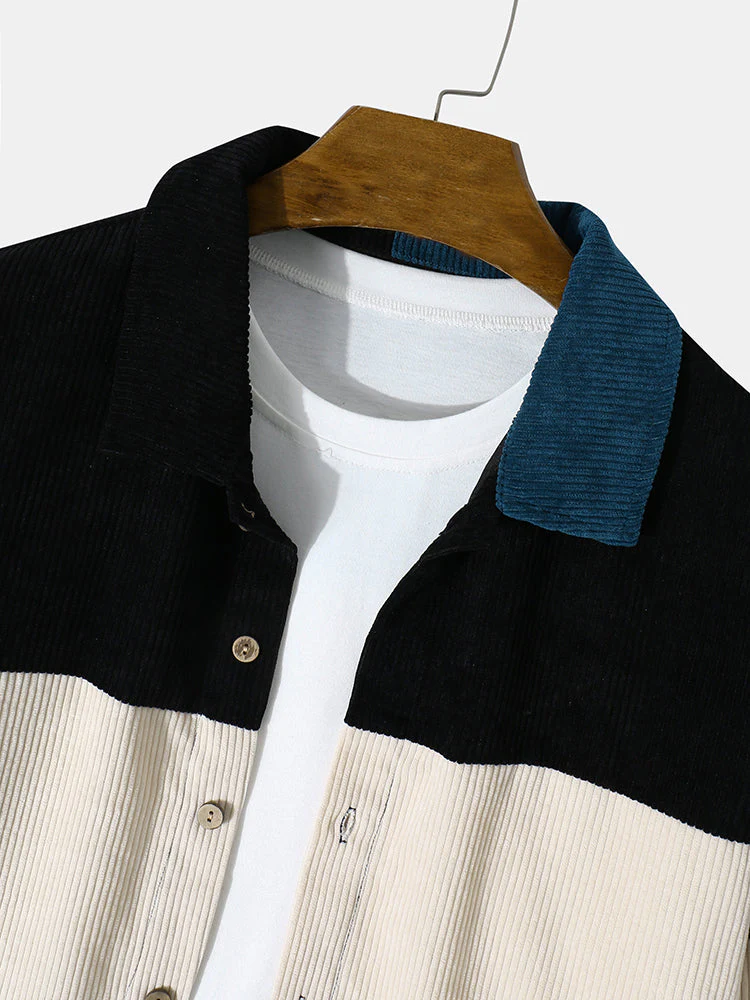 Mens Corduroy Color Block Panel Stitching Casual Long Sleeve Shirts - Image 6