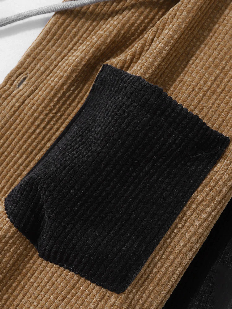 Mens Corduroy Colorblock Stitching Button Up Casual Drawstring Hooded Shirts - Image 5