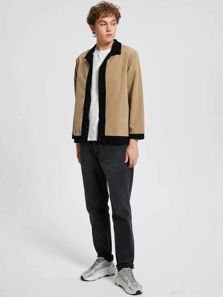 Mens Corduroy Contrast Patchwork Camp Collar Casual Long Sleeve Shirts - Image 5