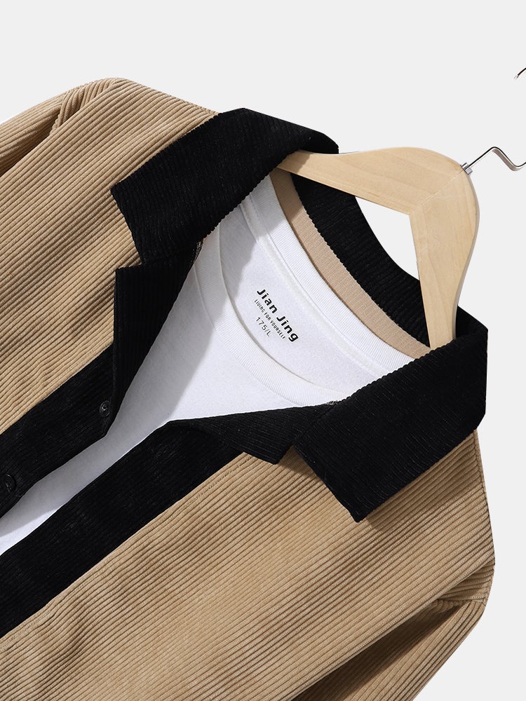 Mens Corduroy Contrast Patchwork Camp Collar Casual Long Sleeve Shirts - Image 6
