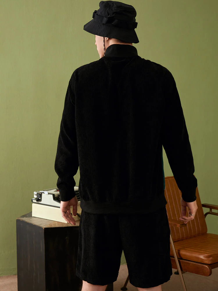Mens Corduroy Letter Embroidery Patchwork Zip Pullover Sweatshirt Two Pieces Outfits - Image 4