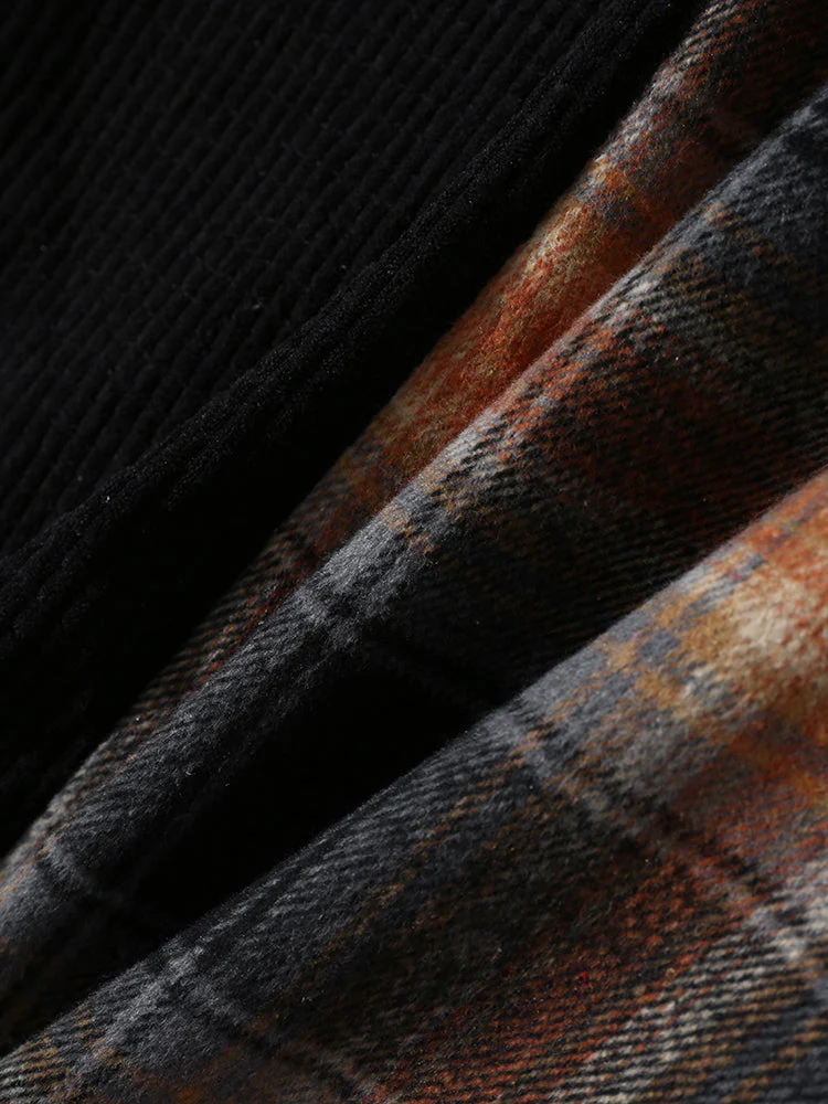 Mens Corduroy Plaid Stitching Button Up Casual Long Sleeve Shirts - Image 8