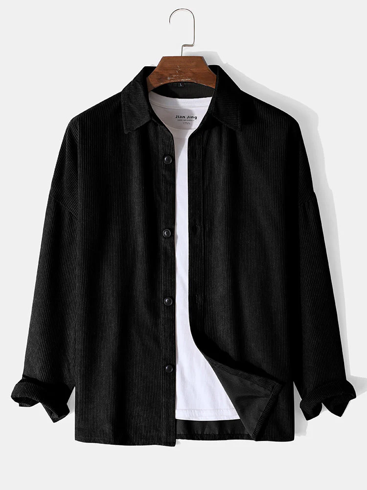 Mens Corduroy Pure Color Lapel Basics Dropped Shoulder Shirts - Image 3