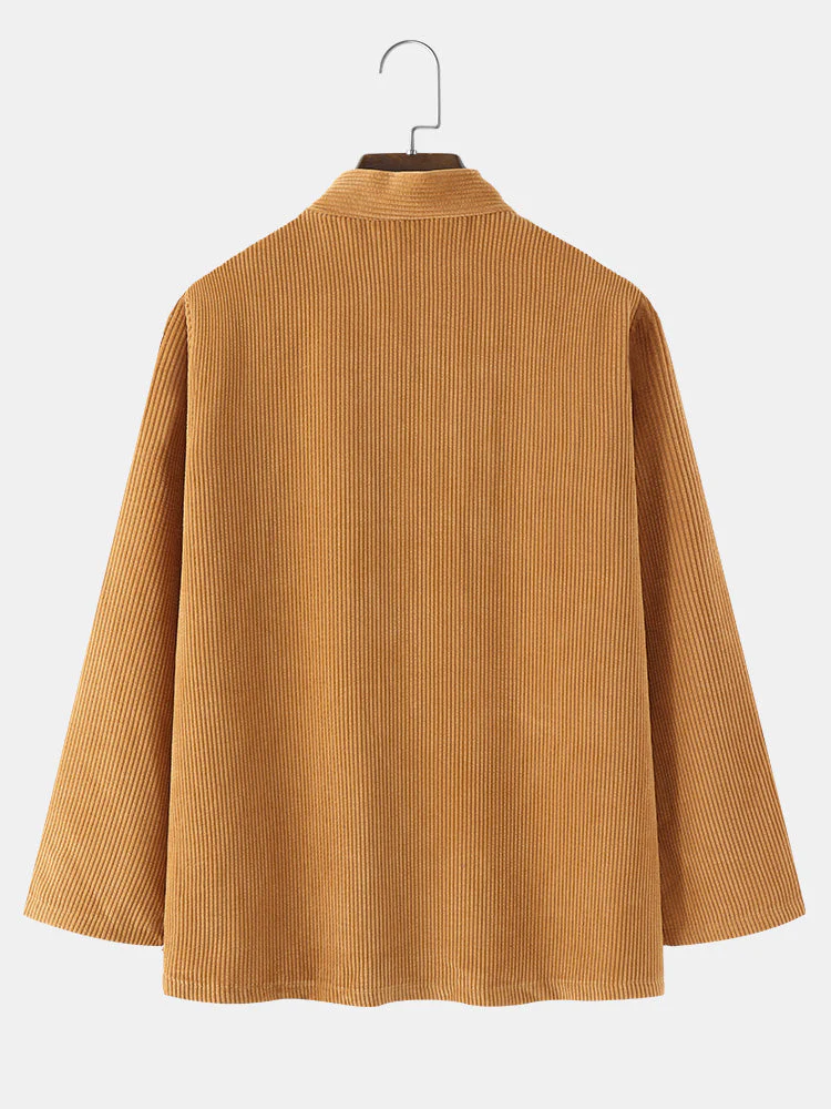 Mens Corduroy Solid Color Lace Up Casual Loose Kimono With Pocket - Image 2