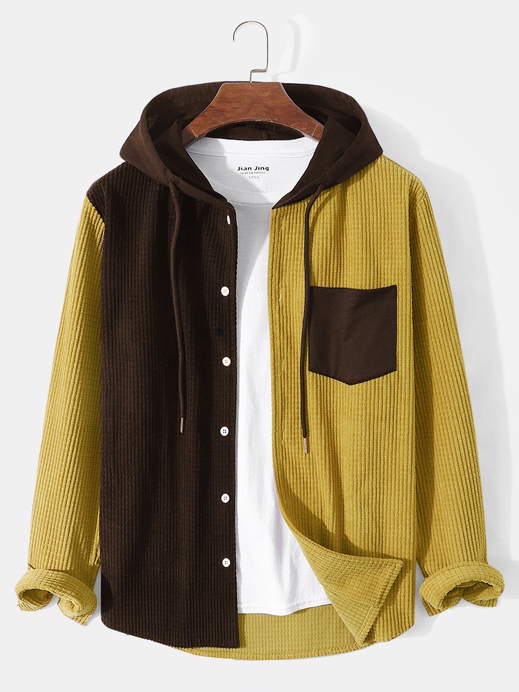 Mens Corduroy Two Tone Patchwork Preppy Drawstring Hooded Shirts - Image 3
