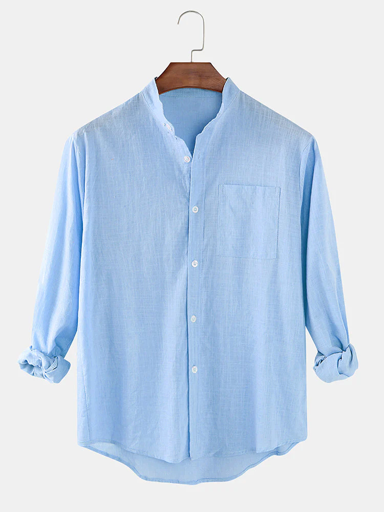 Mens Cotton & Linen Solid Color Thin Casual Long Sleeve Shirts With Pocket SKUF80414 - Image 2