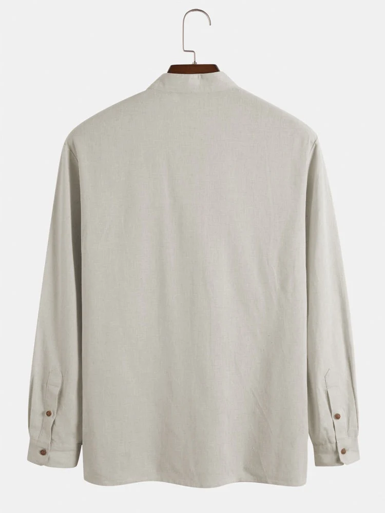 Mens Cotton Linen Stand Collar Button Pocket Basics Long Sleeve Shirts - Image 2