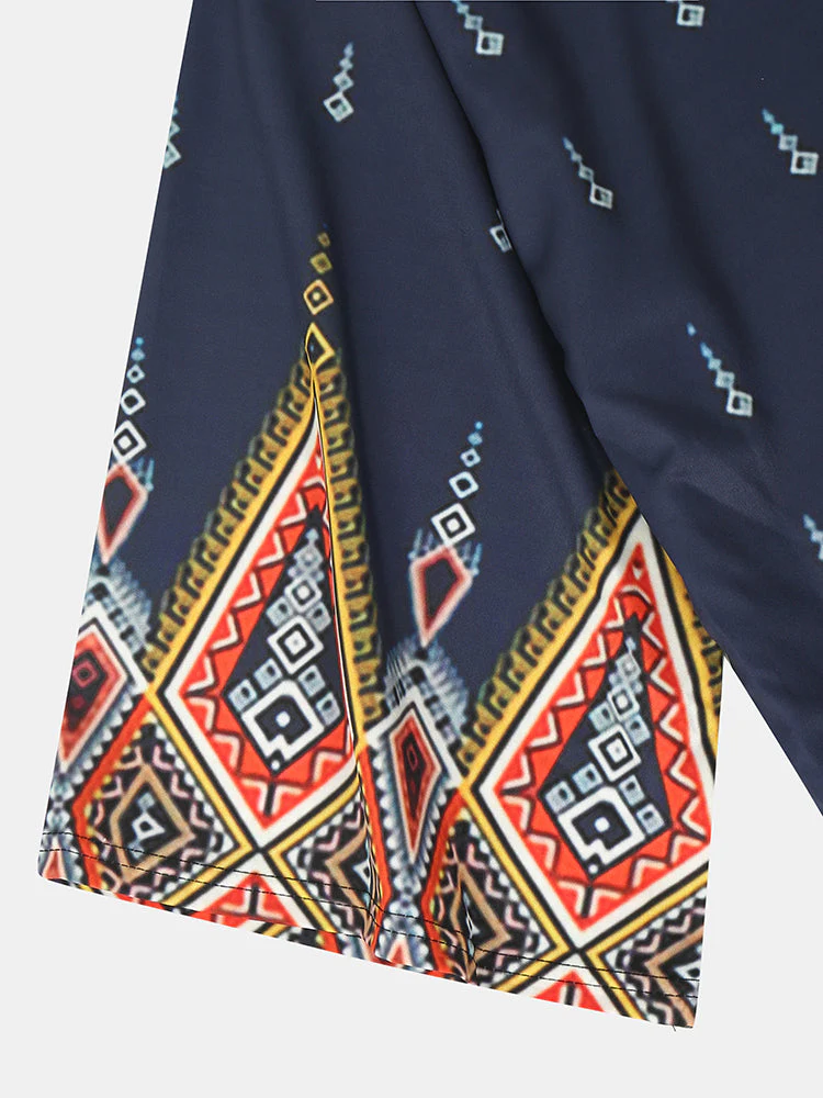 Mens Ethnic Style Geo Print Open Front Kimono Cropped Two Pieces Outfits - Image 5