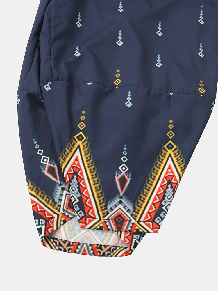 Mens Ethnic Style Geo Print Open Front Kimono Cropped Two Pieces Outfits - Image 8