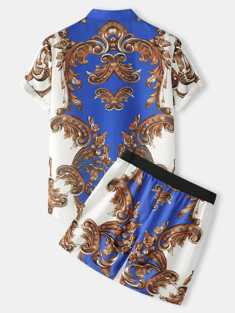 Mens European Style Baroque Print Button Up Street Two Pieces Outfits - Image 2