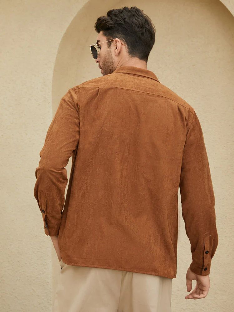 Mens Faux Suede Flap Pocket Lapel Solid Casual Long Sleeve Shirts - Image 4