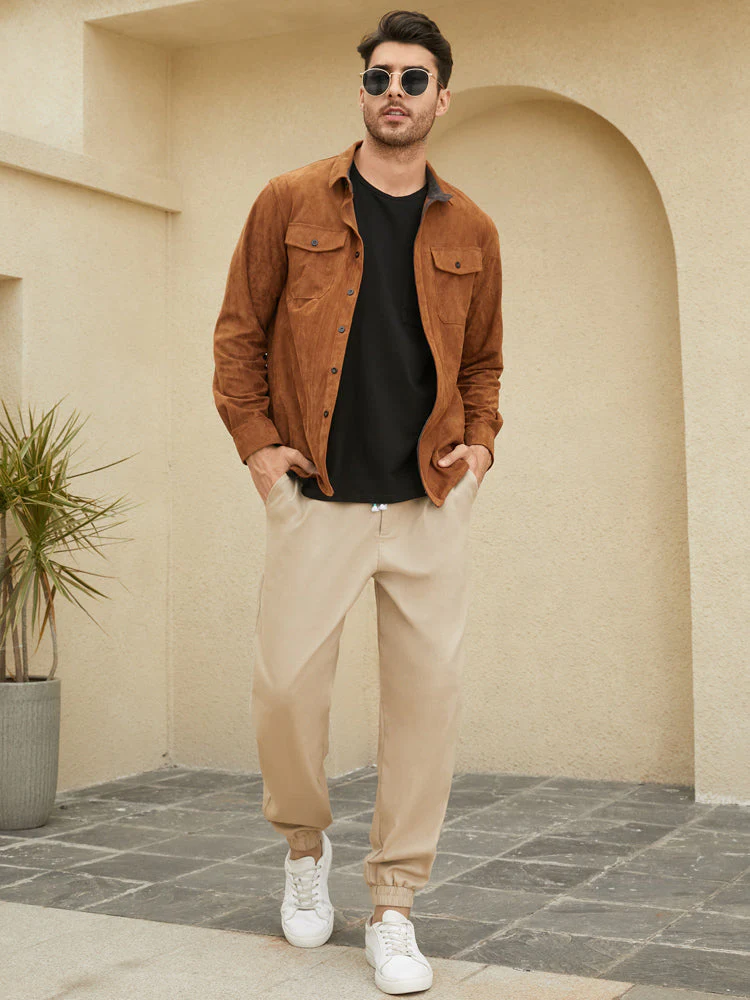 Mens Faux Suede Flap Pocket Lapel Solid Casual Long Sleeve Shirts - Image 5
