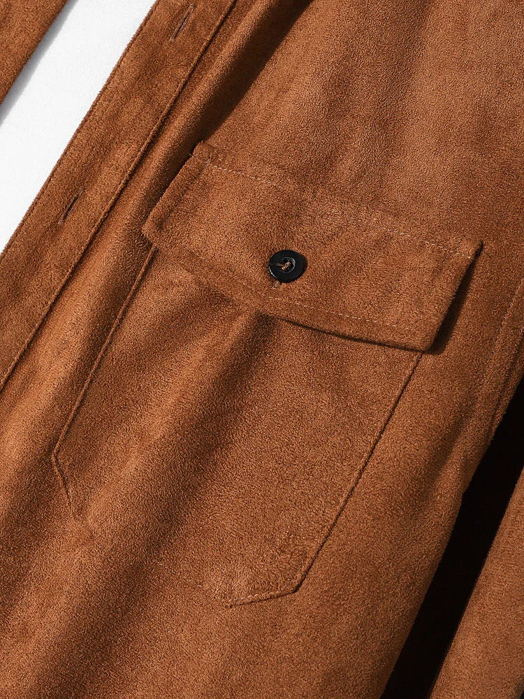 Mens Faux Suede Flap Pocket Lapel Solid Casual Long Sleeve Shirts - Image 7